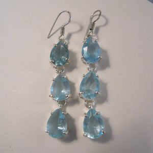 AQUAMARINE CRYSTALS IN STERLING SILVER OVERLAY TRIPLE DANGLE HOOK EARRINGS NEW